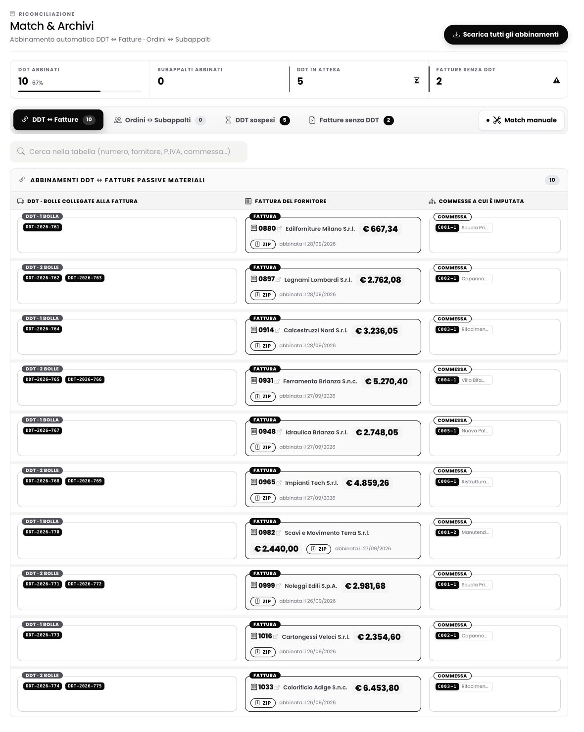Bolle e fatture abbinate in automatico