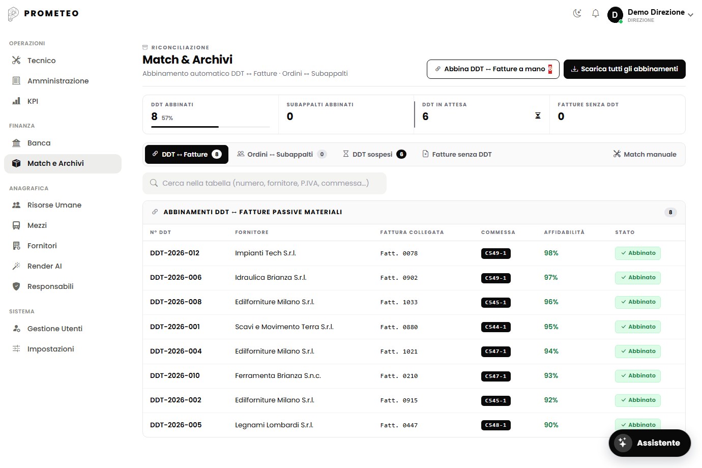Schermata di Prometeo: abbinamenti automatici DDT e fatture passive con affidabilità